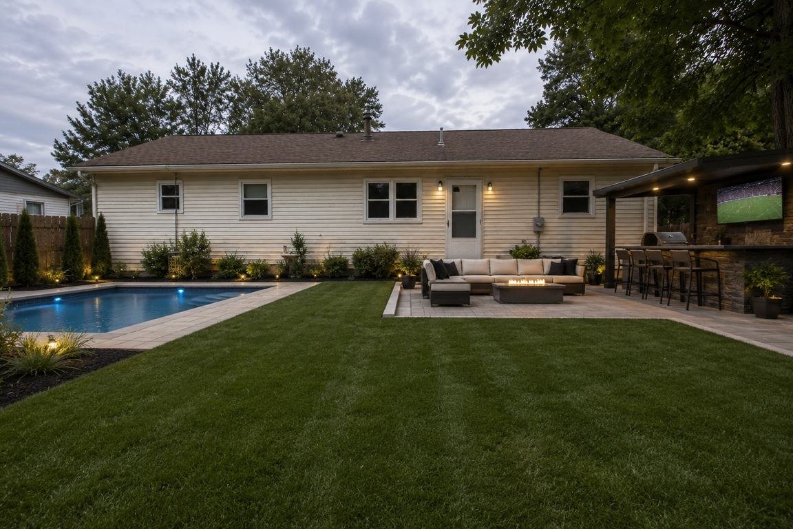 Design concept: backyard turf revival, after — concept rendering of the same yard with dense striped turf (pool and patio shown are illustrative only)