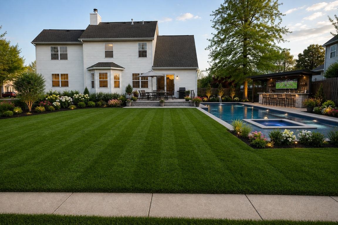 Design concept: lawn renewal and bed refresh, after — concept rendering with full striped lawn and planted beds (pool shown is illustrative only)