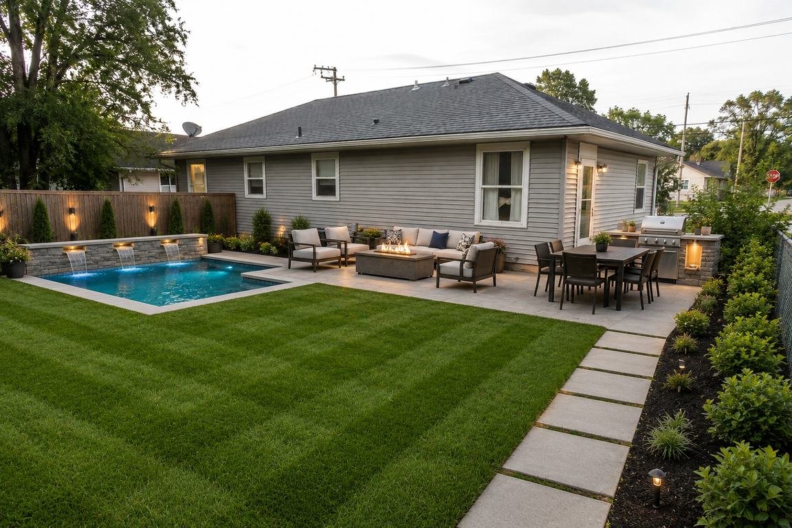 Design concept: edge-to-edge turf renewal, after — concept rendering with manicured striped lawn and tidy plantings (pool and patio shown are illustrative only)